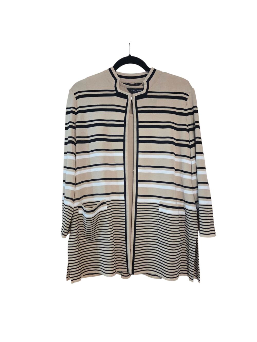 Ming Wang Sweater & Tank Top Set, open front cardigan, black & beige 2-pc sz M